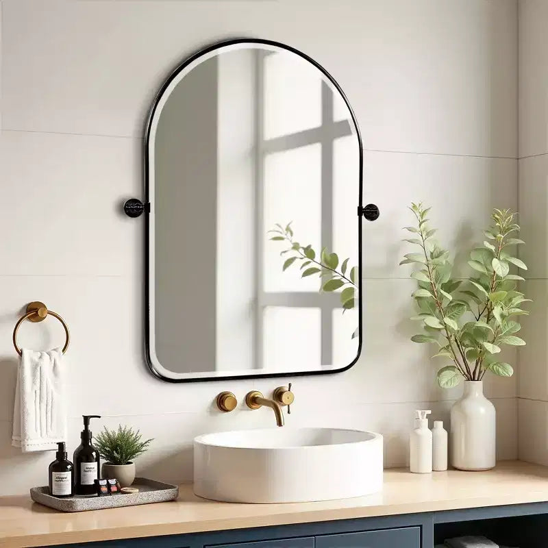 31.50x23.62x1.57in Wrought Iron Rounded Arch Black Metal Hanging Mirror