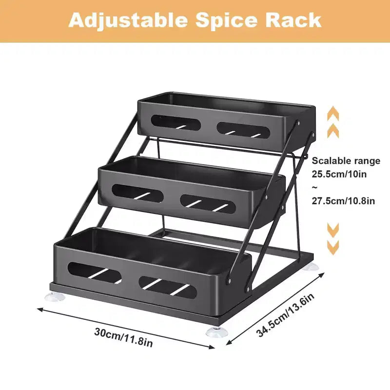 3-Tier Spice Rack Standing - No-Drill Adjustable Black Spice Rack, 30x34.5x27.5cm
