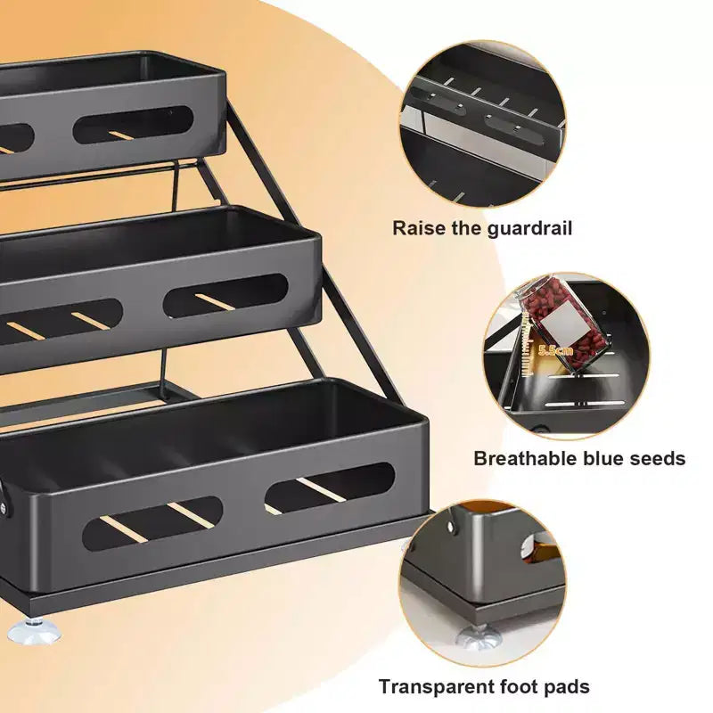 3-Tier Spice Rack Standing - No-Drill Adjustable Black Spice Rack, 30x34.5x27.5cm