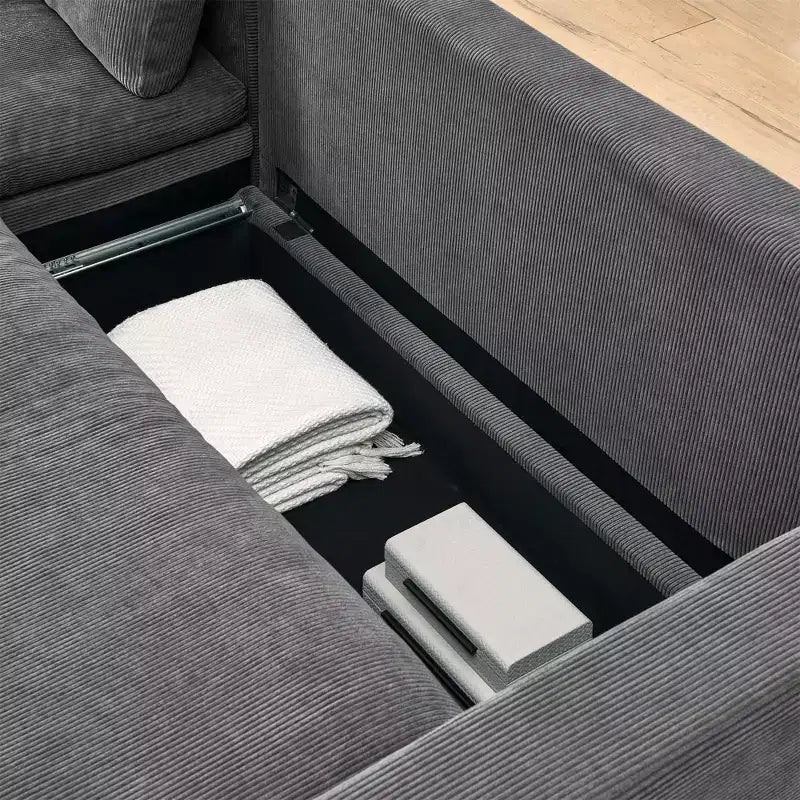 90 L-Shaped Convertible Sleeper Sofa Bed, Pull Out Bed with Storage & Removable Corduroy Covers for Living Room