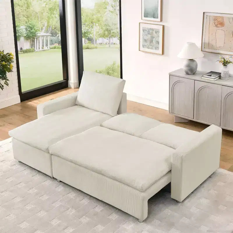 90 L-Shaped Convertible Sleeper Sofa Bed, Pull Out Bed with Storage & Removable Corduroy Covers for Living Room