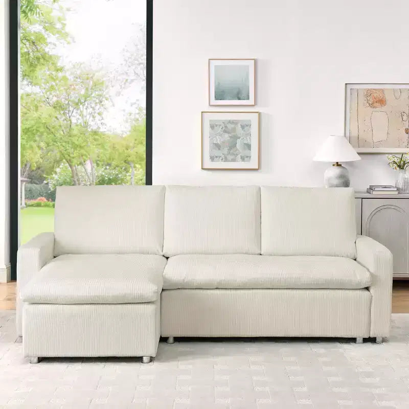 90 L-Shaped Convertible Sleeper Sofa Bed, Pull Out Bed with Storage & Removable Corduroy Covers for Living Room