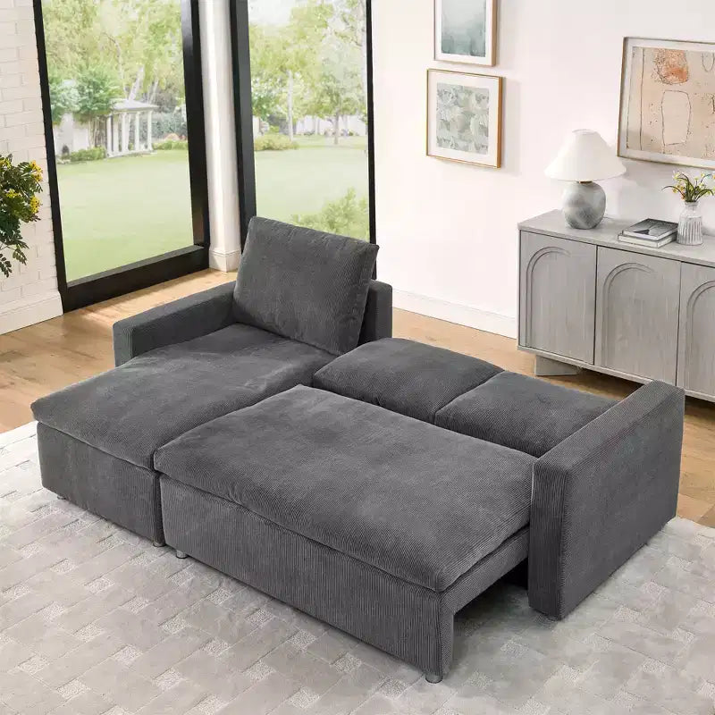 90 L-Shaped Convertible Sleeper Sofa Bed, Pull Out Bed with Storage & Removable Corduroy Covers for Living Room