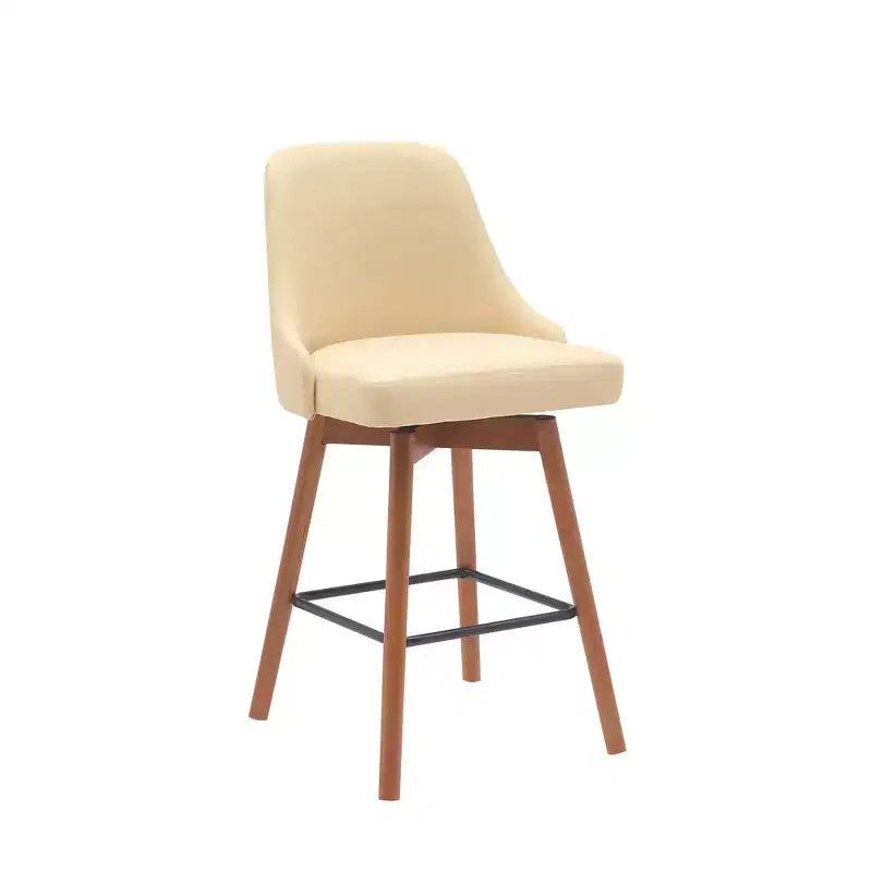 26 Cream and Wood Brown Faux Leather with Solid Wood Swivel Counter Height Bar Chair