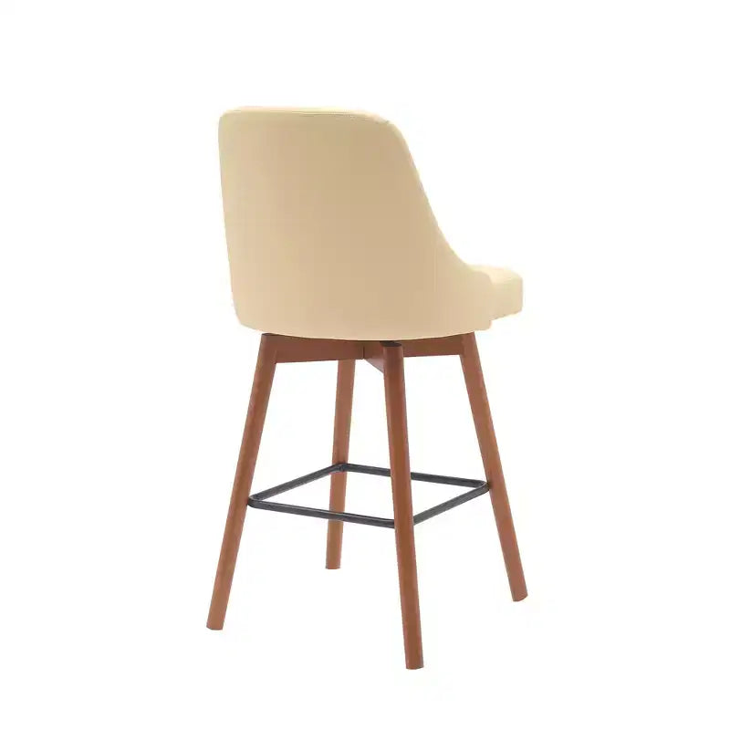 26 Cream and Wood Brown Faux Leather with Solid Wood Swivel Counter Height Bar Chair