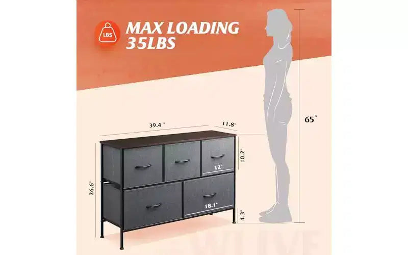 Dresser for Bedroom with 5 Drawers, Long Storage Tower Organizer Unit, Fabric Dresser