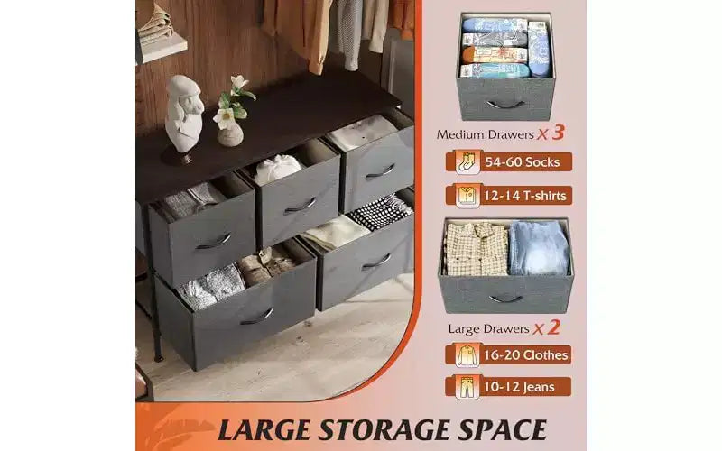 Dresser for Bedroom with 5 Drawers, Long Storage Tower Organizer Unit, Fabric Dresser