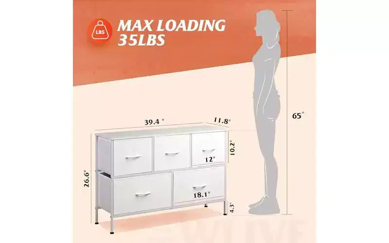 Dresser for Bedroom with 5 Drawers, Long Storage Tower Organizer Unit, Fabric Dresser