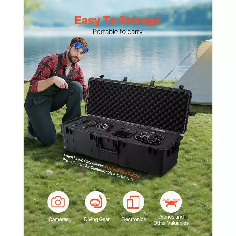 Valise Rigide Étanches, Mallette de Protection Robuste avec Mousse Prédécoupée et Poignées Rétractables pour Voyage, Chasse, Militaire, Noir