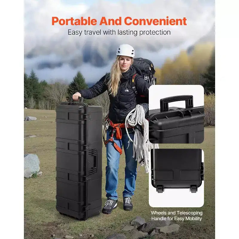 Valise Rigide Étanches, Mallette de Protection Robuste avec Mousse Prédécoupée et Poignées Rétractables pour Voyage, Chasse, Militaire, Noir