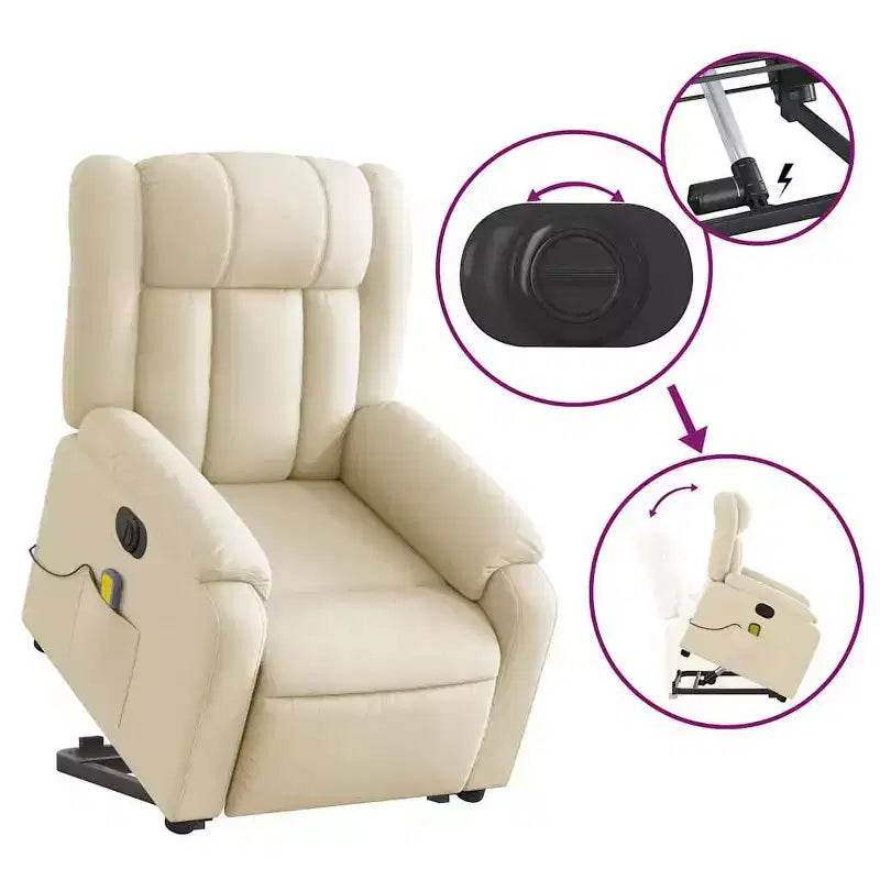 Electric Power Lift Massage Recliner Chair - Cream Fabric, Motorized Adjustments, Vibration Massage, Comfort Design for Elderly