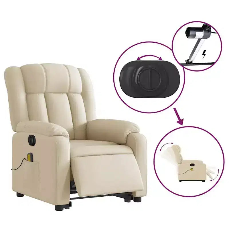 Electric Power Lift Massage Recliner Chair - Cream Fabric, Motorized Adjustments, Vibration Massage, Comfort Design for Elderly