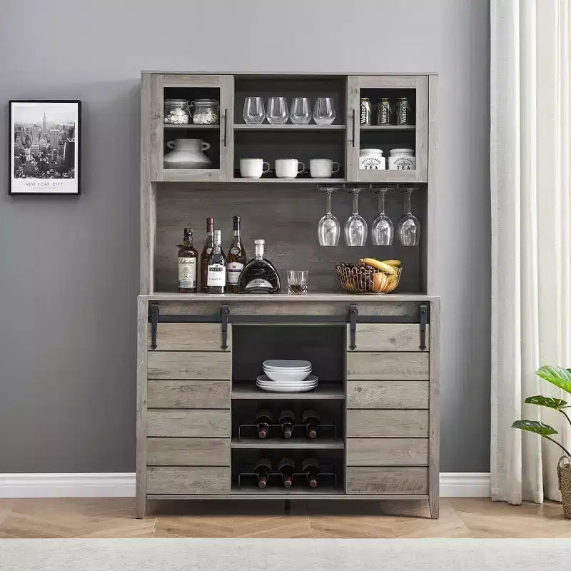 70'' Tall Farmhouse Coffee Bar Cabinet, Kitchen Hutch Storage with Sliding Barn Door, Tall Sideboard Buffet with Wine Rack, Home Bar, Gray