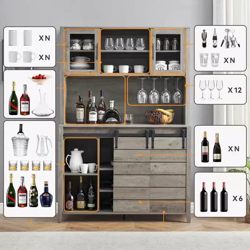 70'' Tall Farmhouse Coffee Bar Cabinet, Kitchen Hutch Storage with Sliding Barn Door, Tall Sideboard Buffet with Wine Rack, Home Bar, Gray