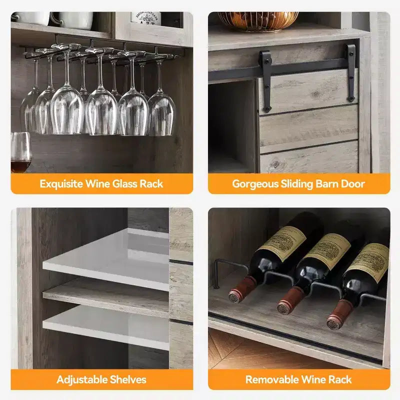70'' Tall Farmhouse Coffee Bar Cabinet, Kitchen Hutch Storage with Sliding Barn Door, Tall Sideboard Buffet with Wine Rack, Home Bar, Gray