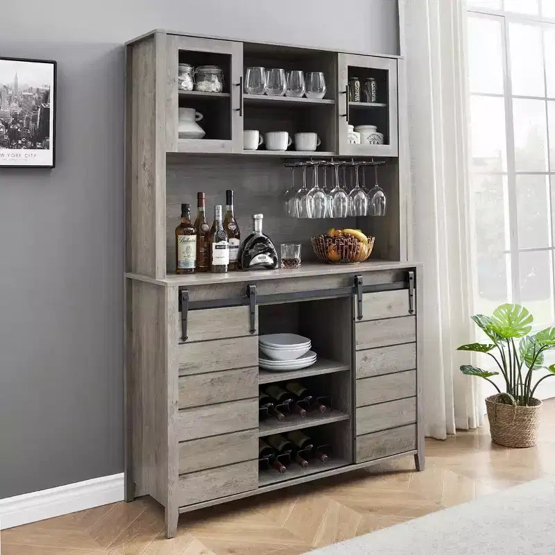 70'' Tall Farmhouse Coffee Bar Cabinet, Kitchen Hutch Storage with Sliding Barn Door, Tall Sideboard Buffet with Wine Rack, Home Bar, Gray