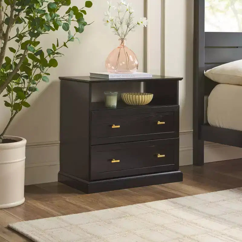 Modern Farmhouse Nightstand with Open Shelf for Bedroom Storage