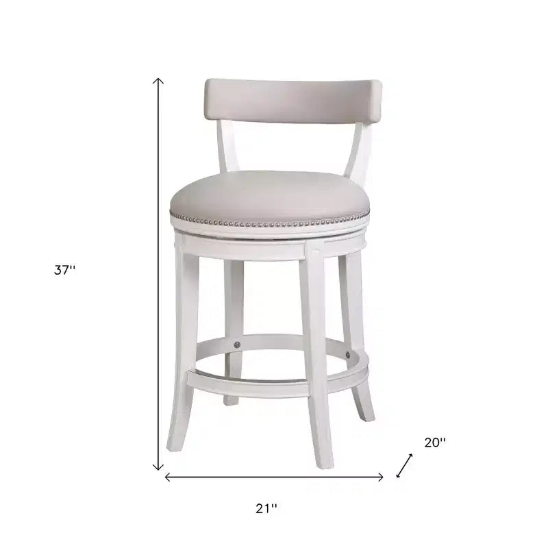 Gray and White Faux Leather and Solid Wood Low Back Counter Height Swivel Bar Chair
