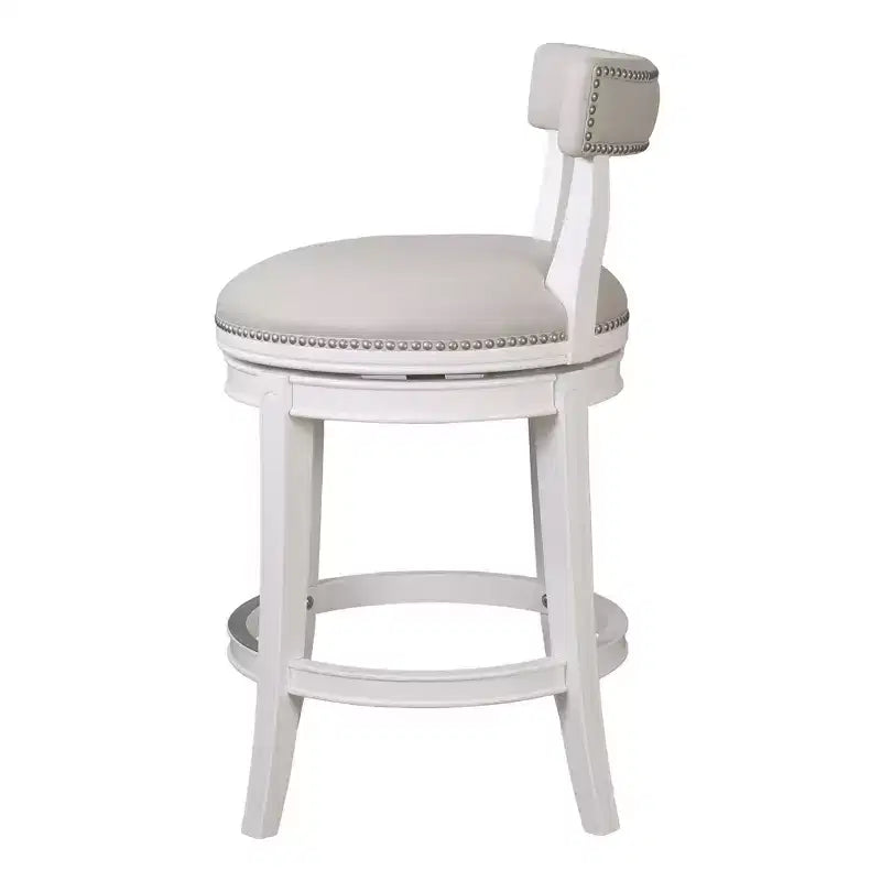Gray and White Faux Leather and Solid Wood Low Back Counter Height Swivel Bar Chair
