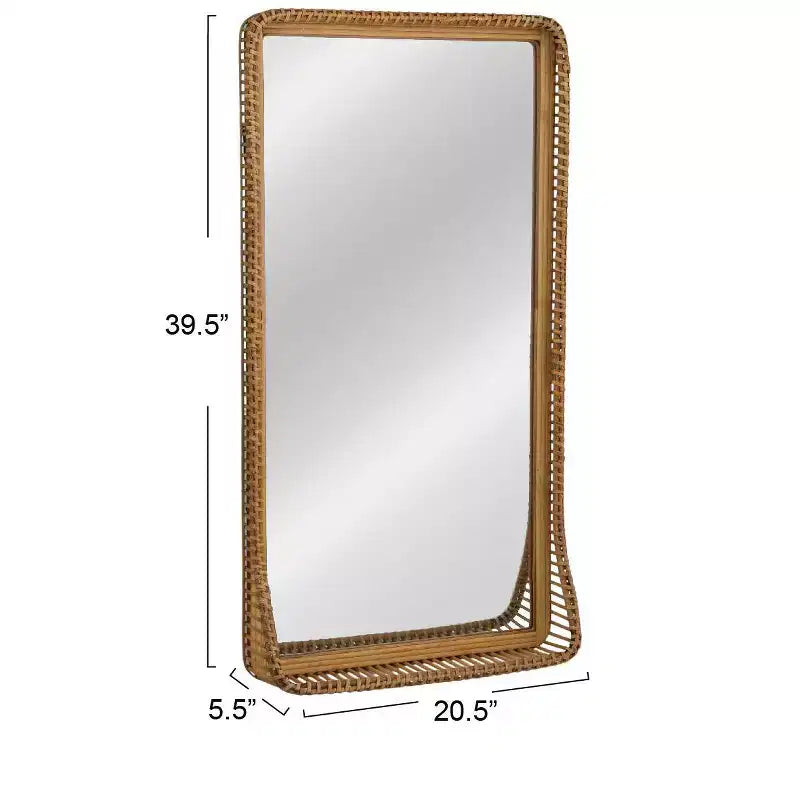Handwoven Rattan and Bamboo Rectangular Wall Mirror with Shelf, Natural