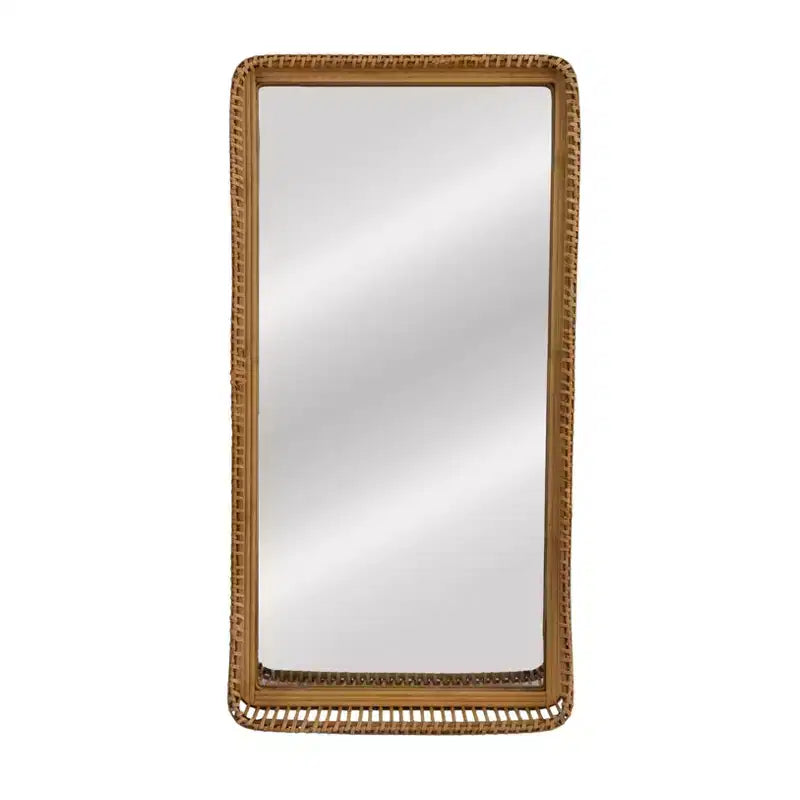 Handwoven Rattan and Bamboo Rectangular Wall Mirror with Shelf, Natural