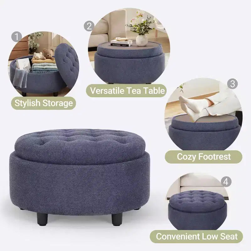Round Fabric Storage Ottoman 25x25 with Reversible Tray Lid, Footrest & Hidden Storage
