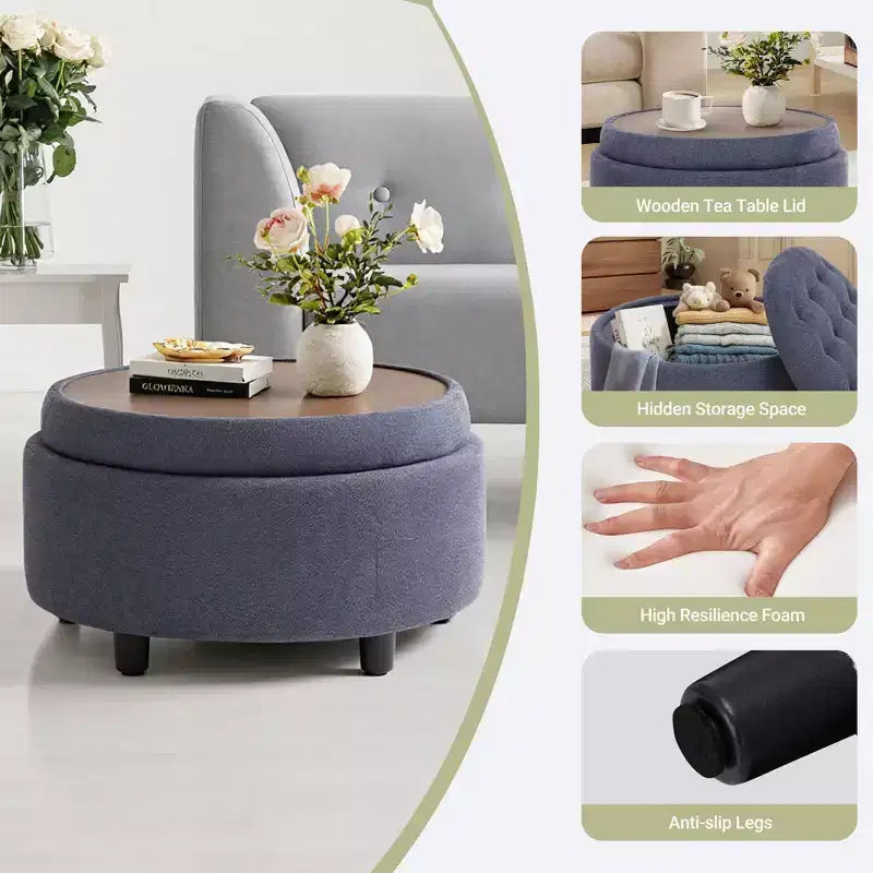 Round Fabric Storage Ottoman 25x25 with Reversible Tray Lid, Footrest & Hidden Storage