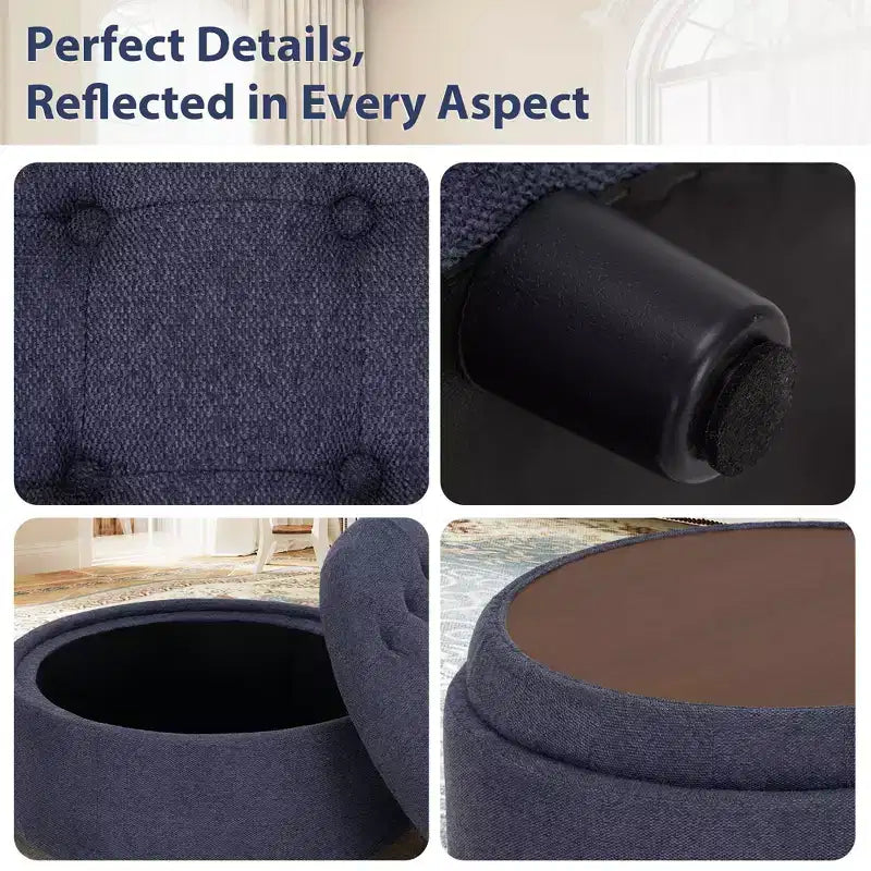 Round Fabric Storage Ottoman 25x25 with Reversible Tray Lid, Footrest & Hidden Storage