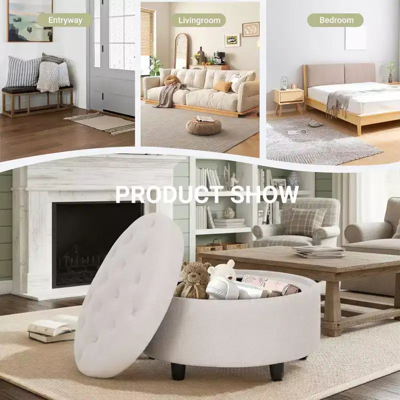 Round Fabric Storage Ottoman 25x25 with Reversible Tray Lid, Footrest & Hidden Storage