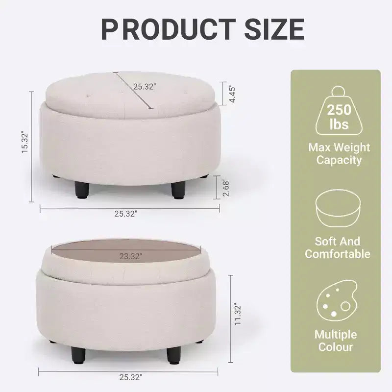 Round Fabric Storage Ottoman 25x25 with Reversible Tray Lid, Footrest & Hidden Storage