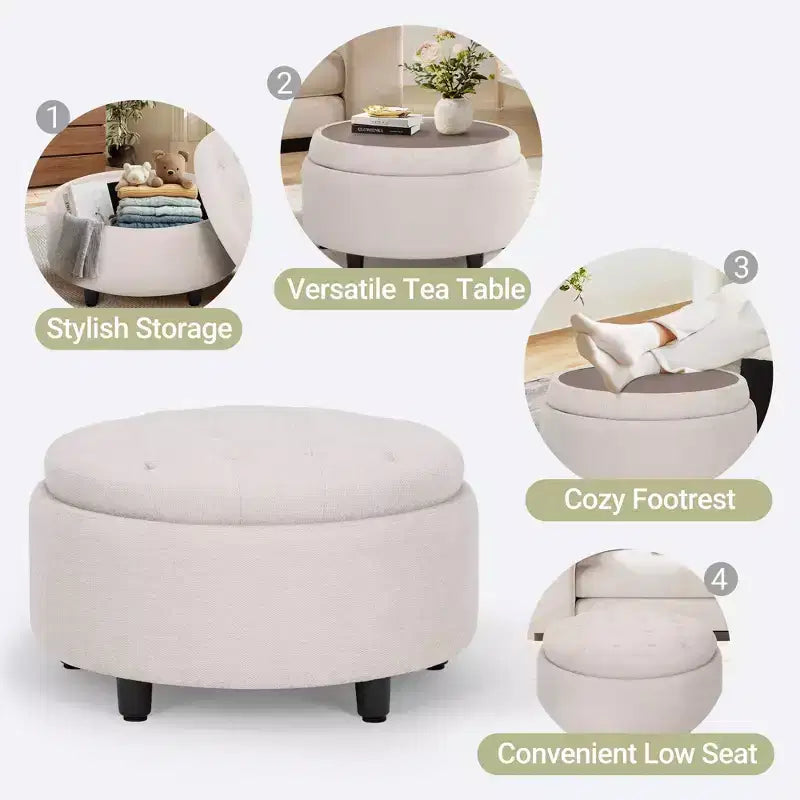 Round Fabric Storage Ottoman 25x25 with Reversible Tray Lid, Footrest & Hidden Storage