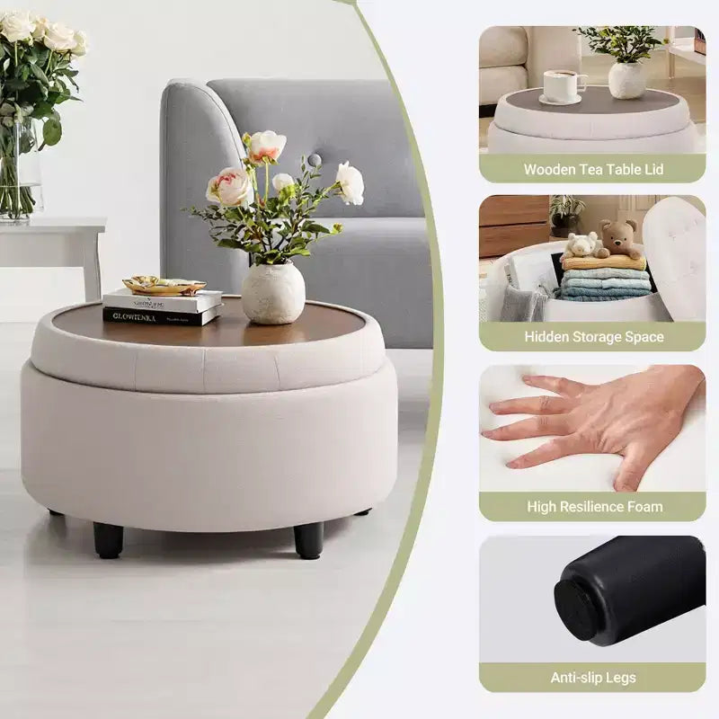 Round Fabric Storage Ottoman 25x25 with Reversible Tray Lid, Footrest & Hidden Storage