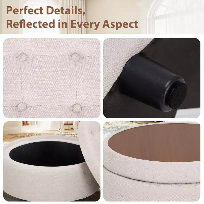 Round Fabric Storage Ottoman 25x25 with Reversible Tray Lid, Footrest & Hidden Storage
