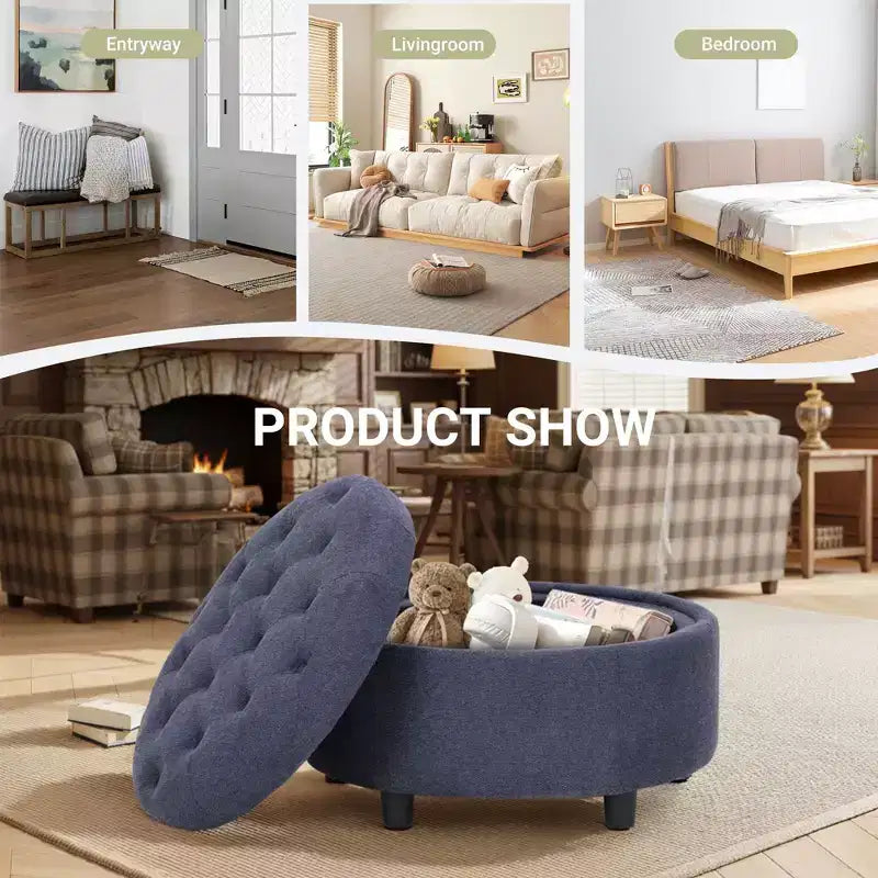 Round Fabric Storage Ottoman 25x25 with Reversible Tray Lid, Footrest & Hidden Storage