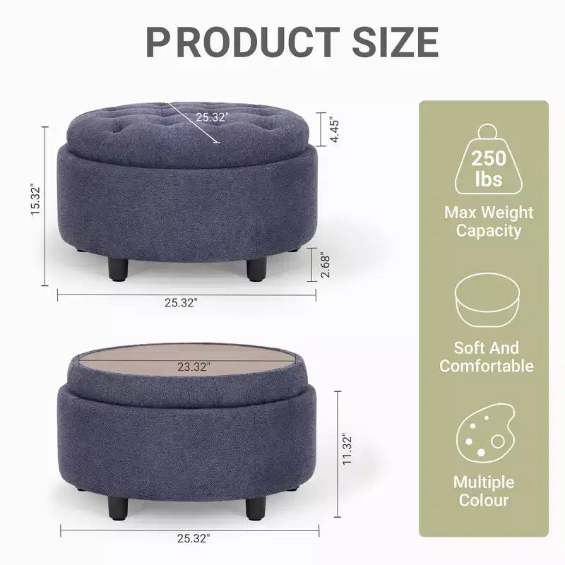 Round Fabric Storage Ottoman 25x25 with Reversible Tray Lid, Footrest & Hidden Storage