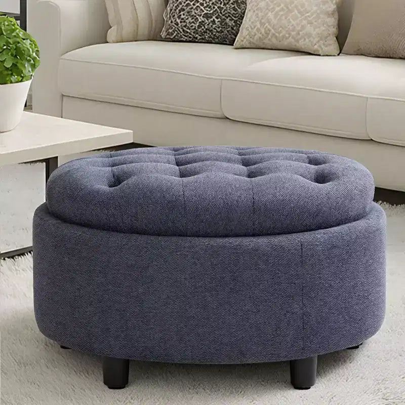 Round Fabric Storage Ottoman 25x25 with Reversible Tray Lid, Footrest & Hidden Storage