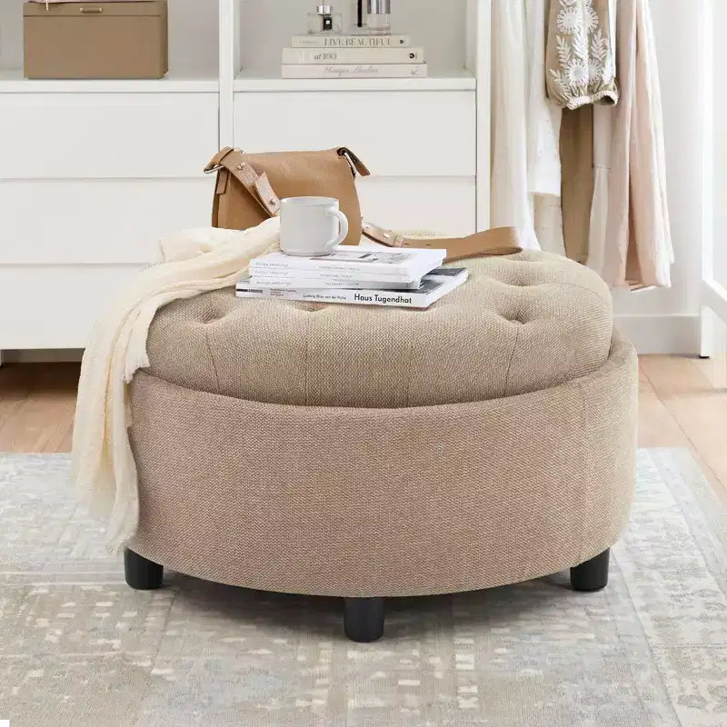Round Fabric Storage Ottoman 25x25 with Reversible Tray Lid, Footrest & Hidden Storage