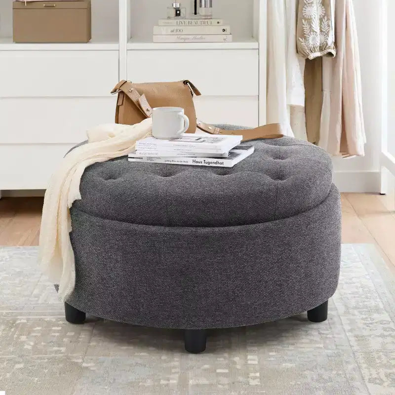 Round Fabric Storage Ottoman 25x25 with Reversible Tray Lid, Footrest & Hidden Storage