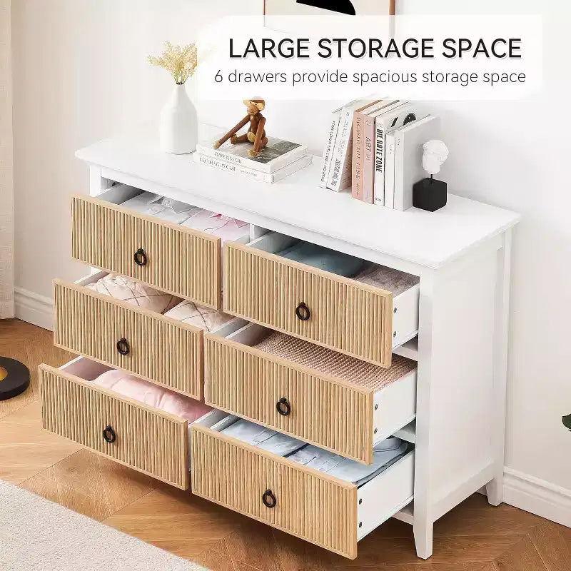 Dresser for Bedroom, 6 Drawer Double Dresser Fluted Drawers Panel, Wide Modern Chest of Drawers with Deep Drawers, Dresser TV Stand