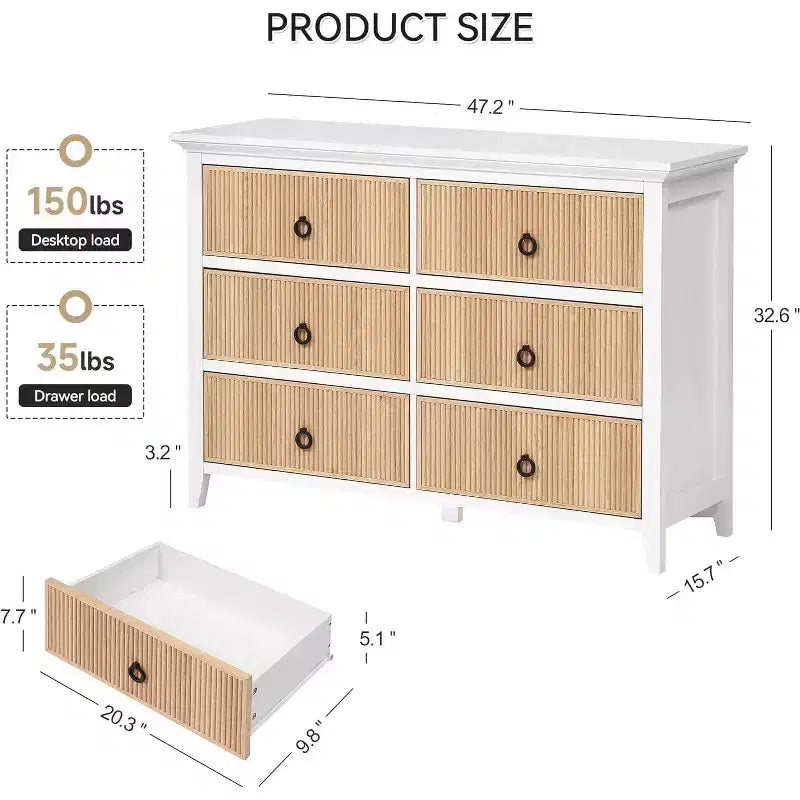 Dresser for Bedroom, 6 Drawer Double Dresser Fluted Drawers Panel, Wide Modern Chest of Drawers with Deep Drawers, Dresser TV Stand