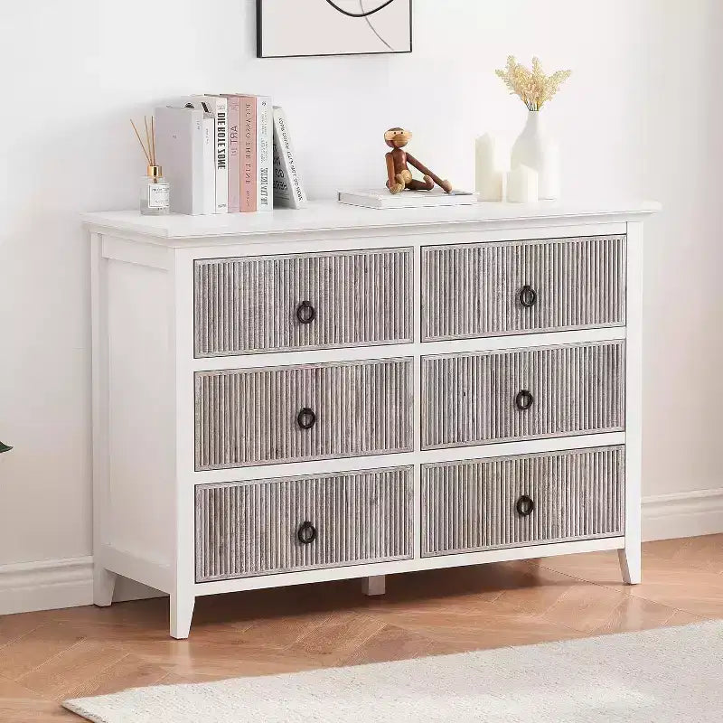Dresser for Bedroom, 6 Drawer Double Dresser Fluted Drawers Panel, Wide Modern Chest of Drawers with Deep Drawers, Dresser TV Stand