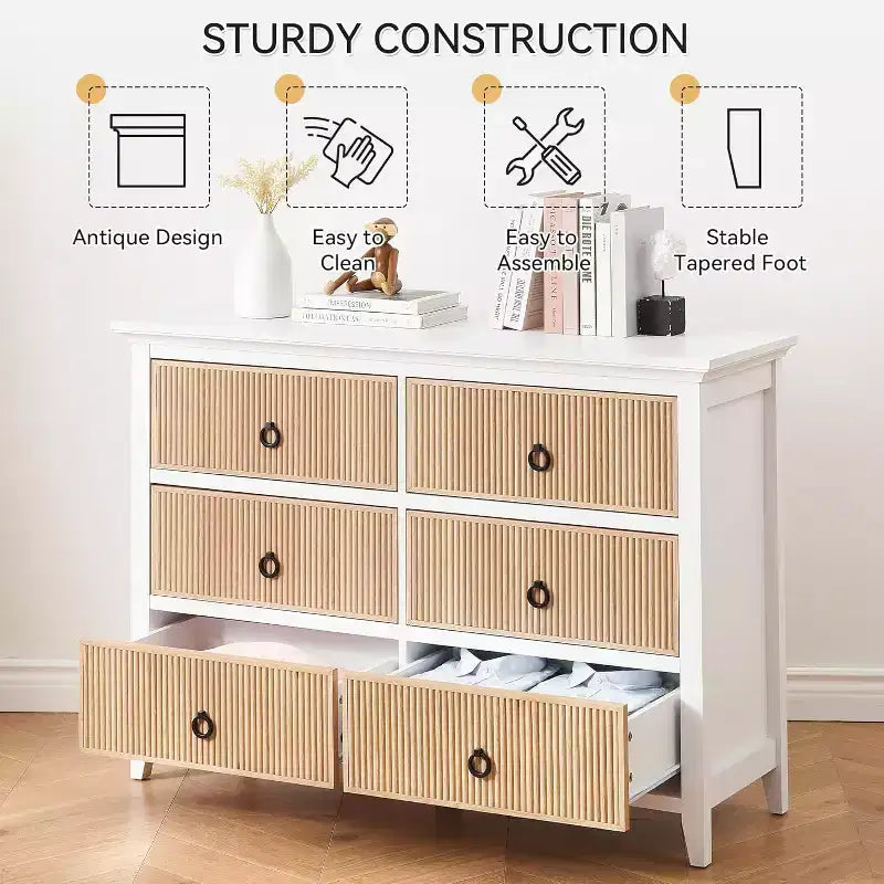 Dresser for Bedroom, 6 Drawer Double Dresser Fluted Drawers Panel, Wide Modern Chest of Drawers with Deep Drawers, Dresser TV Stand