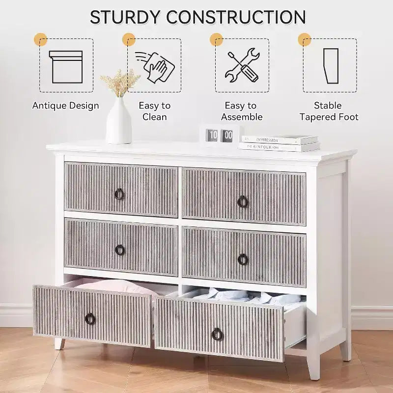 Dresser for Bedroom, 6 Drawer Double Dresser Fluted Drawers Panel, Wide Modern Chest of Drawers with Deep Drawers, Dresser TV Stand