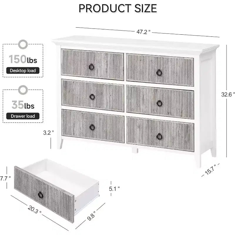 Dresser for Bedroom, 6 Drawer Double Dresser Fluted Drawers Panel, Wide Modern Chest of Drawers with Deep Drawers, Dresser TV Stand