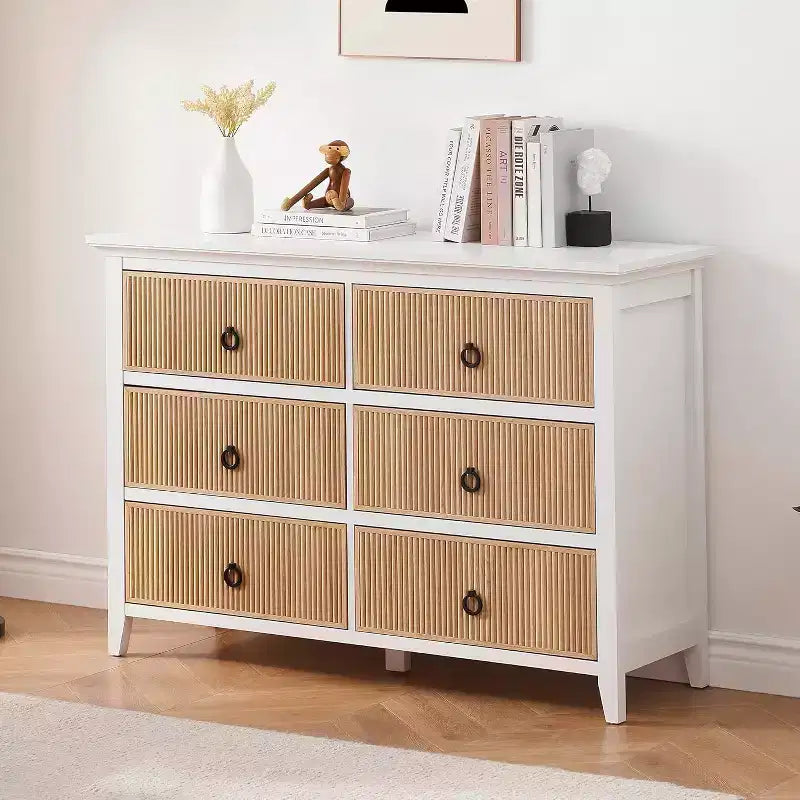 Dresser for Bedroom, 6 Drawer Double Dresser Fluted Drawers Panel, Wide Modern Chest of Drawers with Deep Drawers, Dresser TV Stand