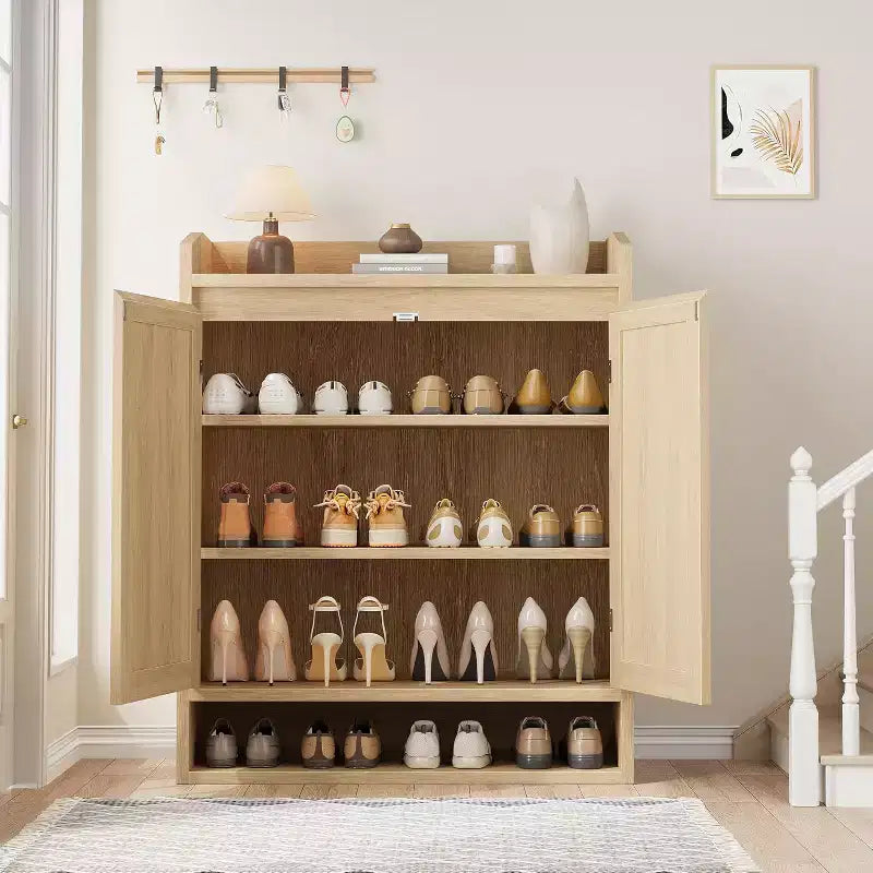 31.5 Natural Rattan Shoe Cabinet with 2 Doors, 5-Tier Wooden Organizer with Adjustable Shelves for Entryway & Living Room