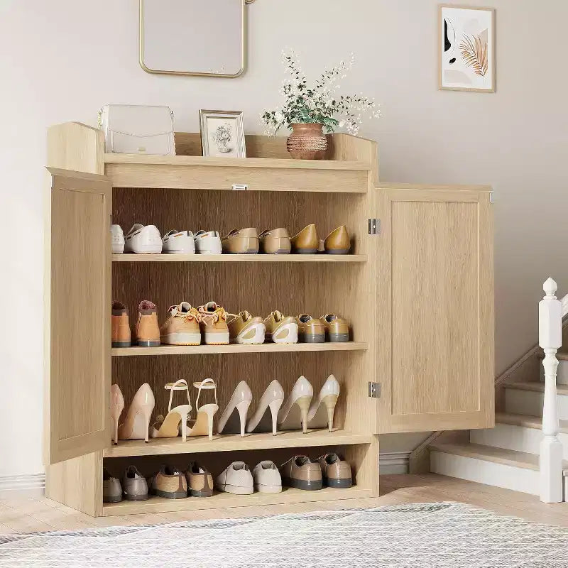 31.5 Natural Rattan Shoe Cabinet with 2 Doors, 5-Tier Wooden Organizer with Adjustable Shelves for Entryway & Living Room