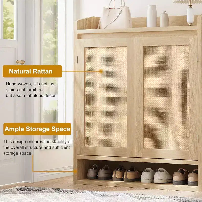 31.5 Natural Rattan Shoe Cabinet with 2 Doors, 5-Tier Wooden Organizer with Adjustable Shelves for Entryway & Living Room