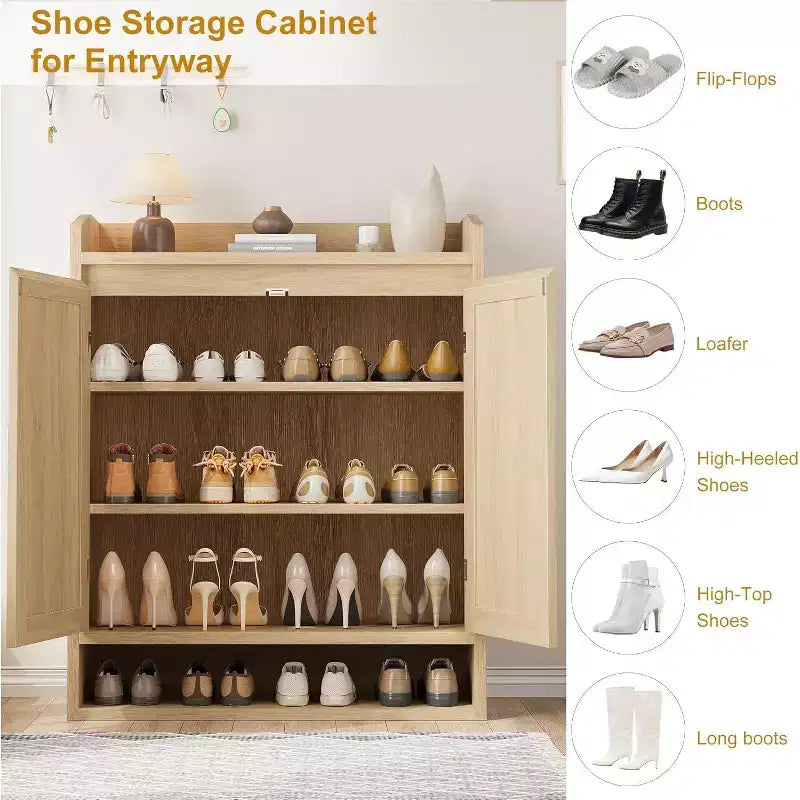 31.5 Natural Rattan Shoe Cabinet with 2 Doors, 5-Tier Wooden Organizer with Adjustable Shelves for Entryway & Living Room