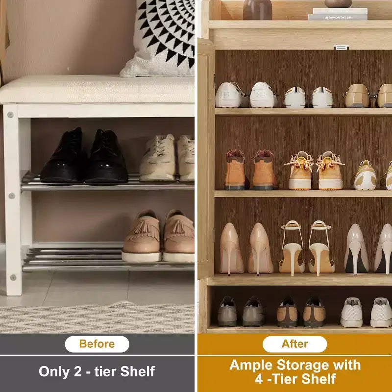 31.5 Natural Rattan Shoe Cabinet with 2 Doors, 5-Tier Wooden Organizer with Adjustable Shelves for Entryway & Living Room